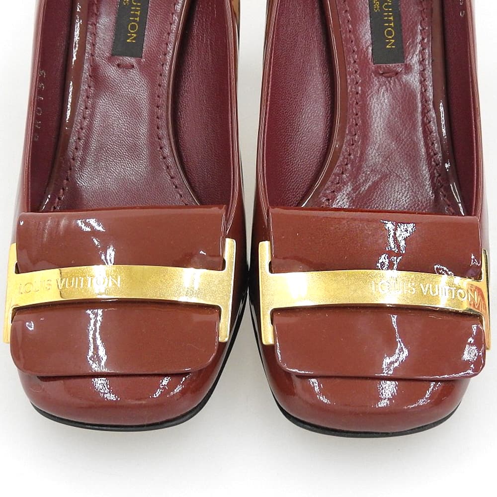 LOUIS VUITTON ルイヴィトン 美品 パテント レザー ロゴバックル パンプス シューズ レディース ボルドー 34 13年 シューズ