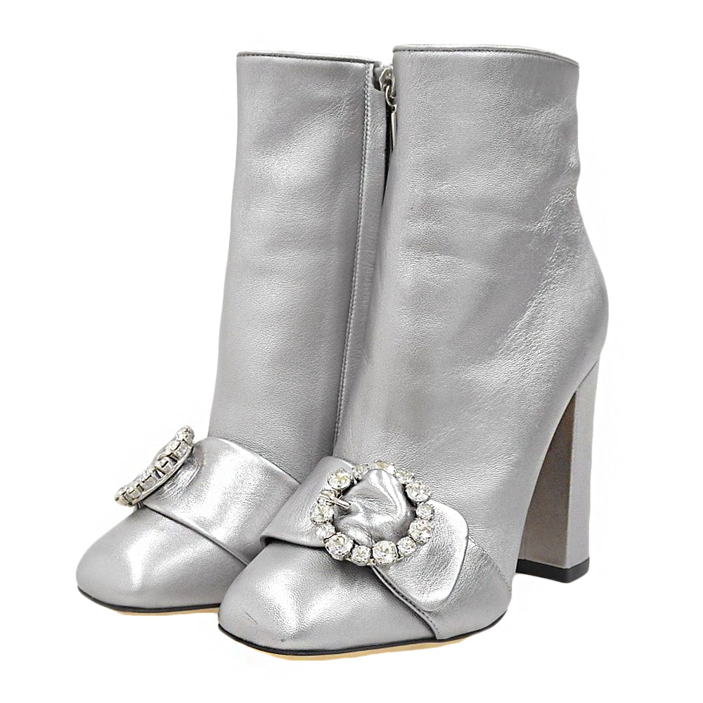 DOLCE&GABBANA ドルチェアンドガッバーナ 美品 レザー ビジュー サイドジップ アンクルブーツ レディース シルバー 36 CT0326 シューズ