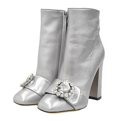 DOLCE&GABBANA ドルチェアンドガッバーナ 美品 レザー ビジュー サイドジップ アンクルブーツ レディース シルバー 36 CT0326 シューズ