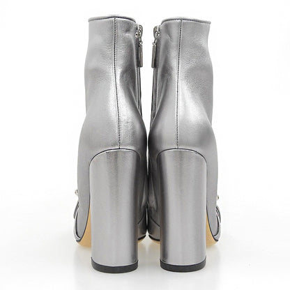 DOLCE&GABBANA ドルチェアンドガッバーナ 美品 レザー ビジュー サイドジップ アンクルブーツ レディース シルバー 36 CT0326 シューズ