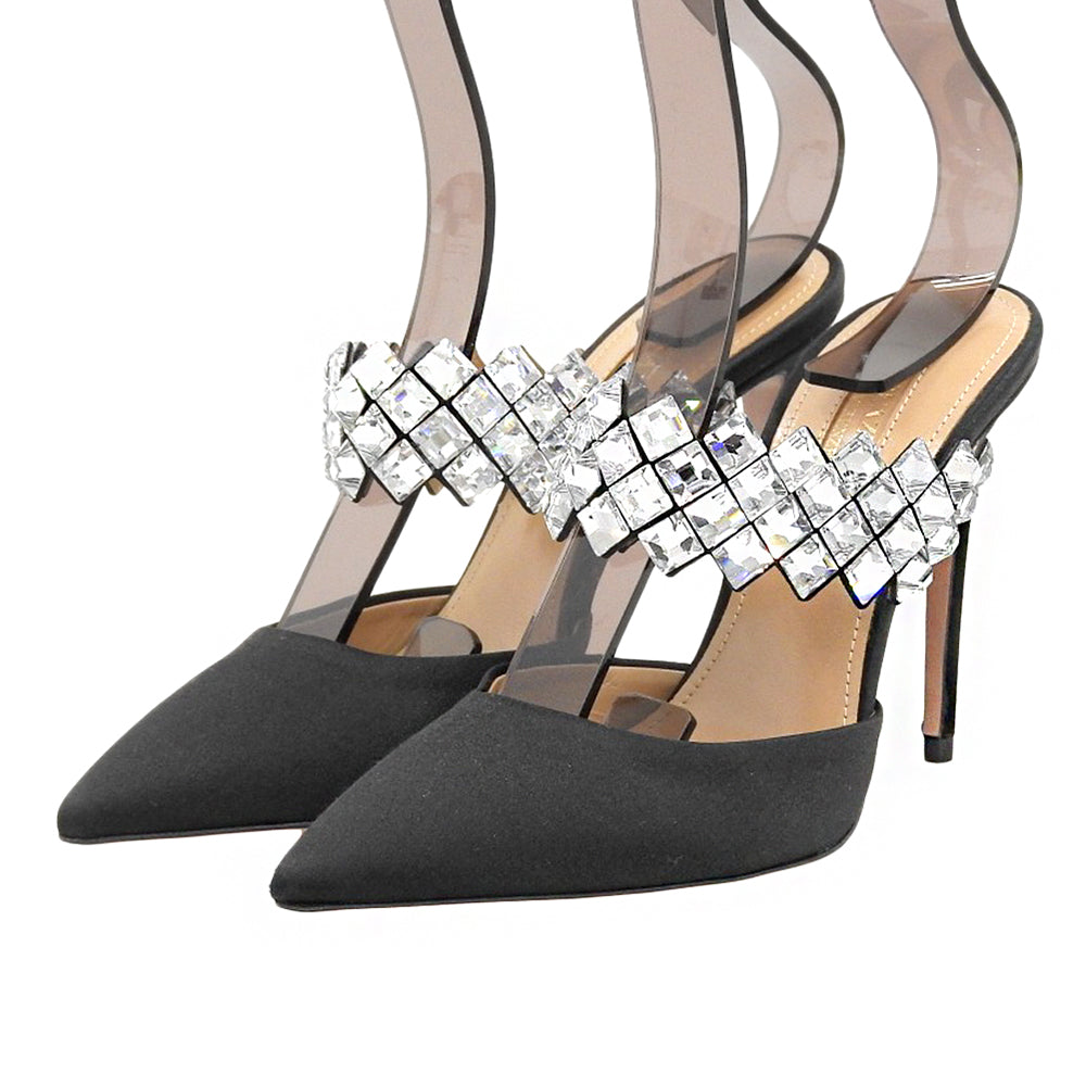 AQUAZZURA アクアズーラ 美品 ラインストーンストラップ サテン ミュール レディース ブラック 35 シューズ