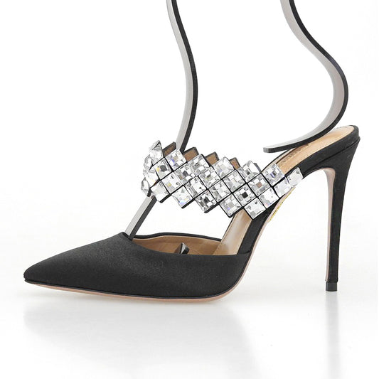 AQUAZZURA アクアズーラ 美品 ラインストーンストラップ サテン ミュール レディース ブラック 35 シューズ