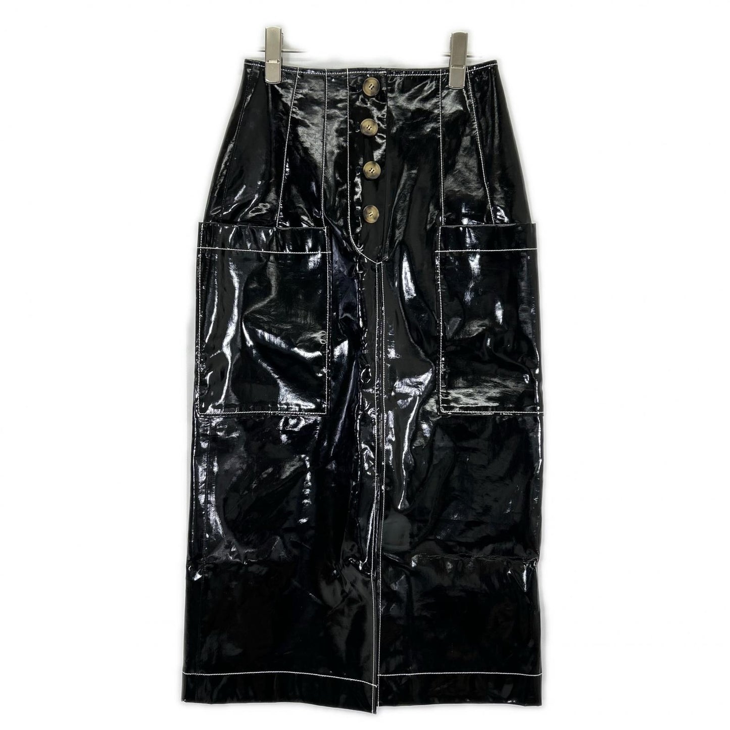 REJINA PYO black patent leather white-stitch slit skirt skirt