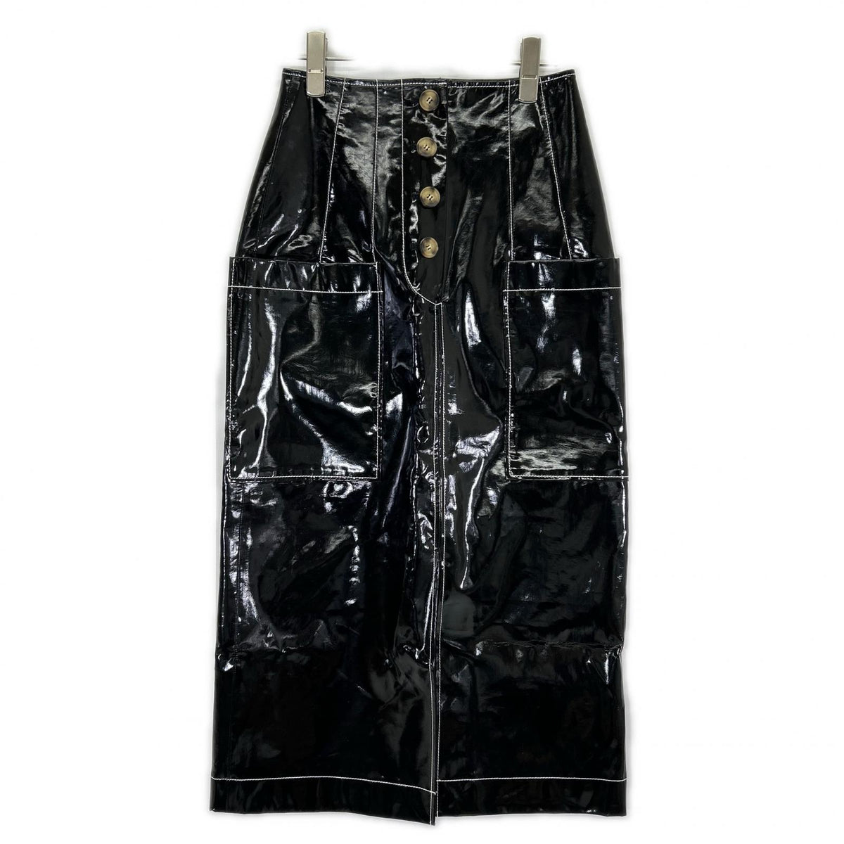REJINA PYO black patent leather white-stitch slit skirt skirt