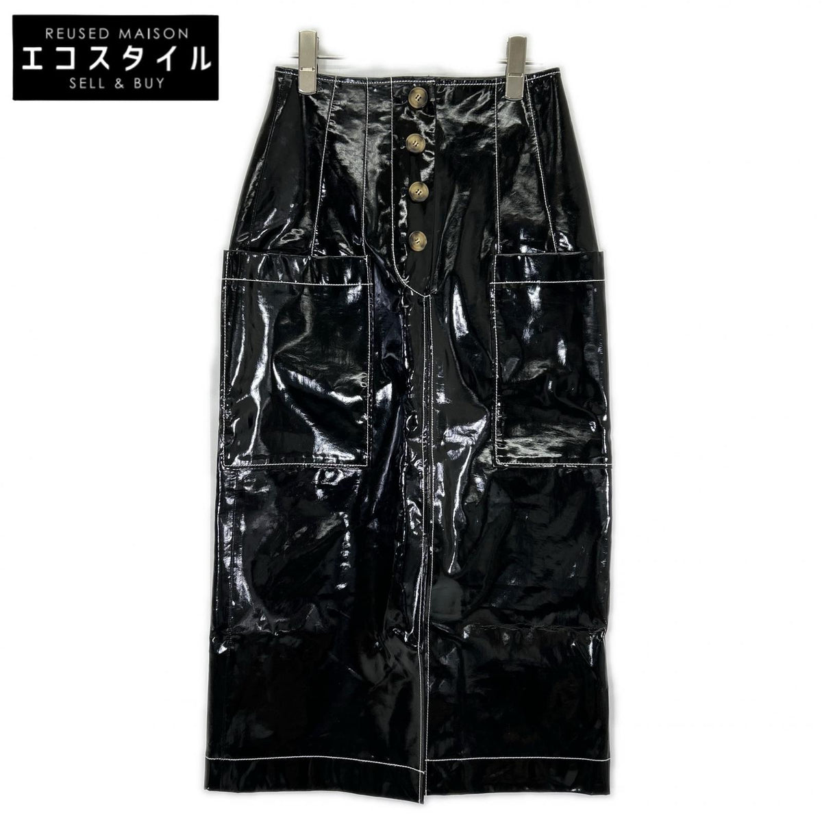 REJINA PYO black patent leather white-stitch slit skirt skirt