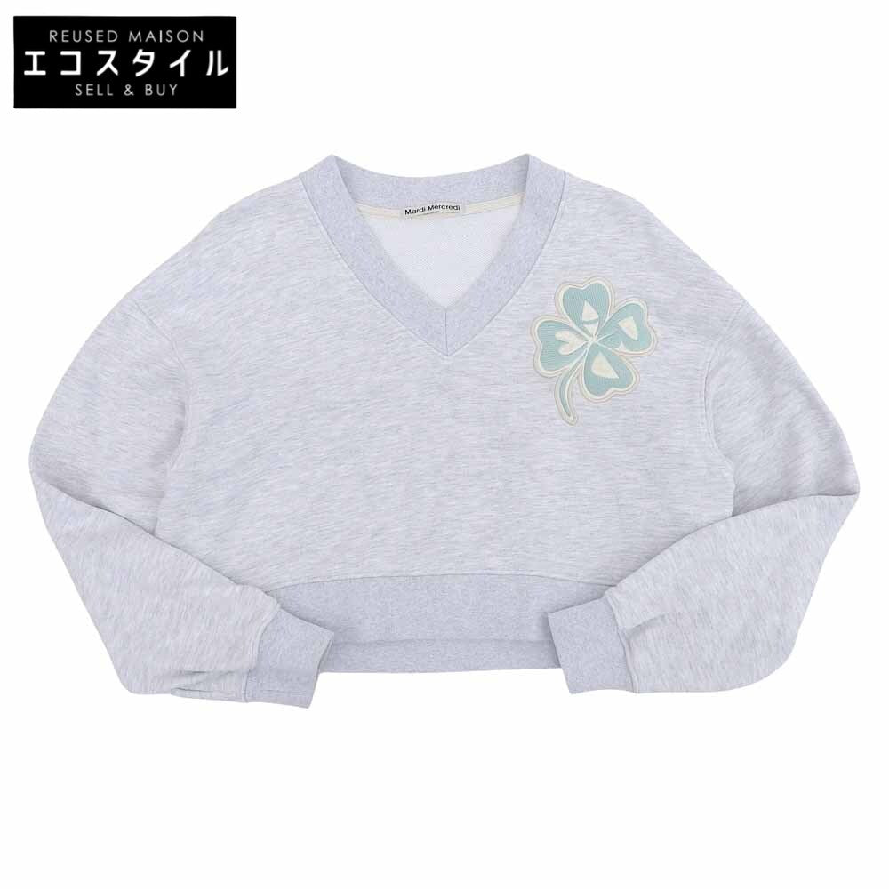 MardiMercredi マルディメクルディ 美品 コットン Vネック クローバー クロップセーター トップス レディース グレー ONESIZE トップス