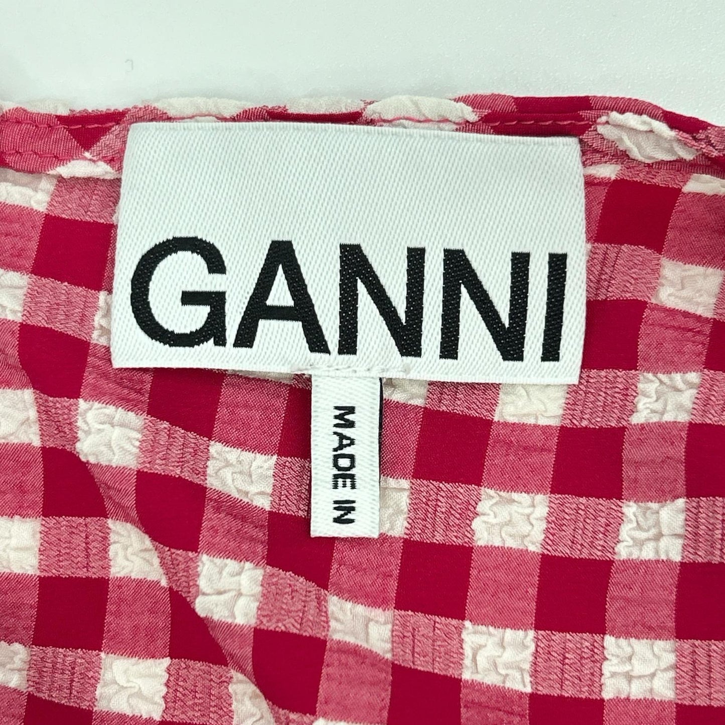 GANNI ガニー ピンク×ホワイト ギンガムチェック ストレッチシアサーカーカットアウトミニドレス ワンピース