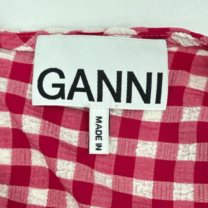 GANNI ガニー ピンク×ホワイト ギンガムチェック ストレッチシアサーカーカットアウトミニドレス ワンピース