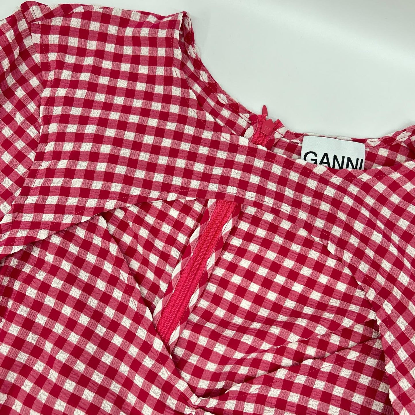 GANNI ガニー ピンク×ホワイト ギンガムチェック ストレッチシアサーカーカットアウトミニドレス ワンピース