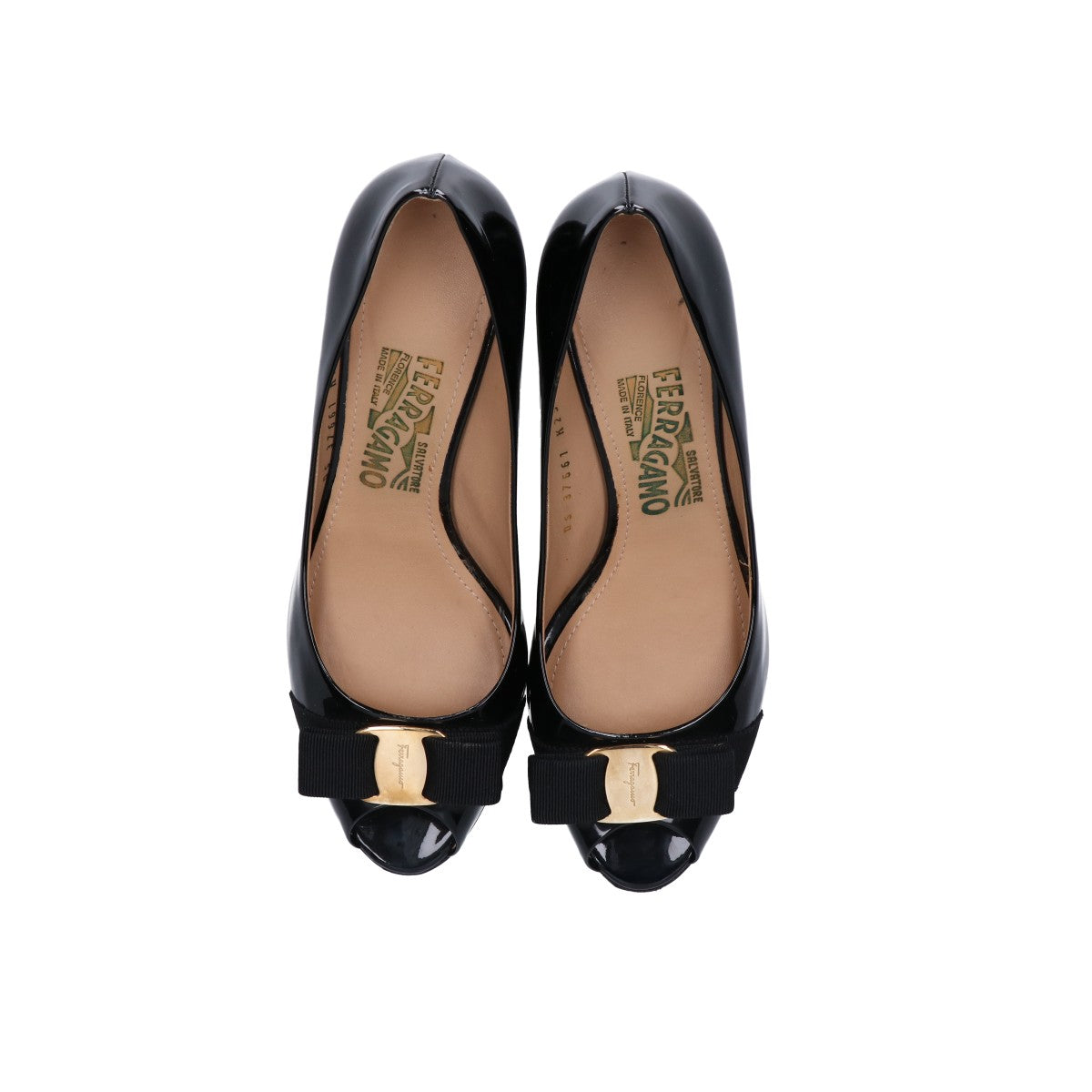 SalvatoreFerragamo サルバトーレフェラガモ 【美品】37661 SISSI パテント ヴァラリボン オープントゥ ウェッジソール パンプス シューズ
