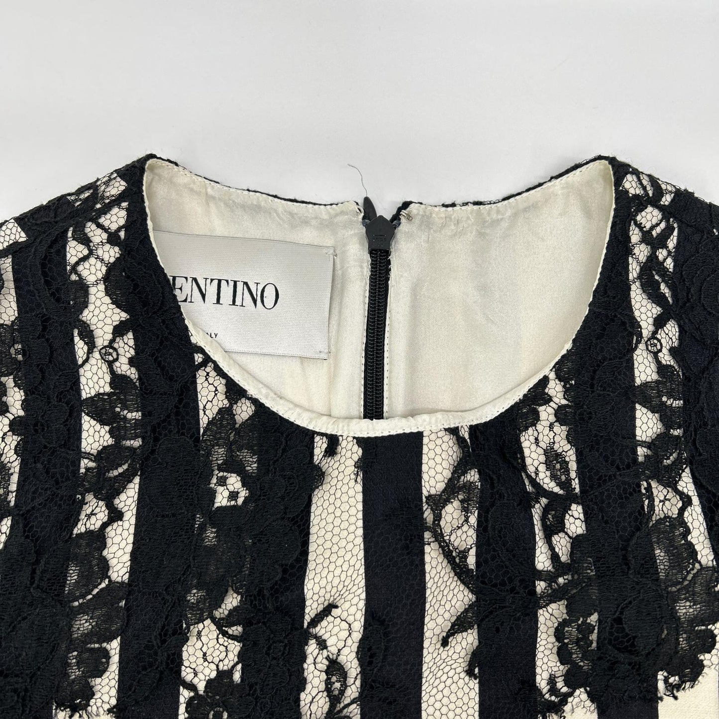 VALENTINO ヴァレンティノ QB2VAID9425 ホワイト シルク ストライプ レース ドレス ワンピース