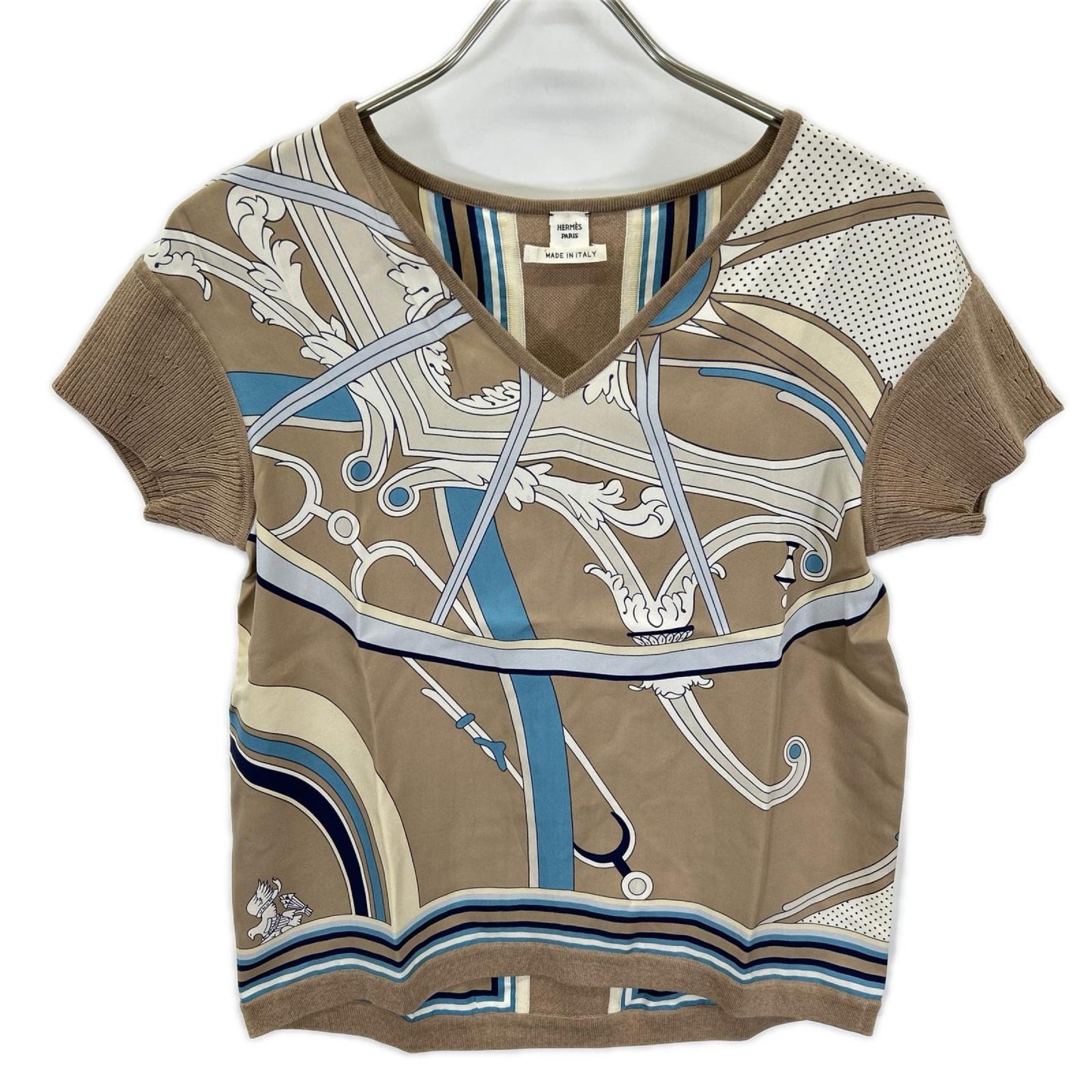HERMES エルメス 19SS シルクプリント ニット切替 Vネック トップス トップス