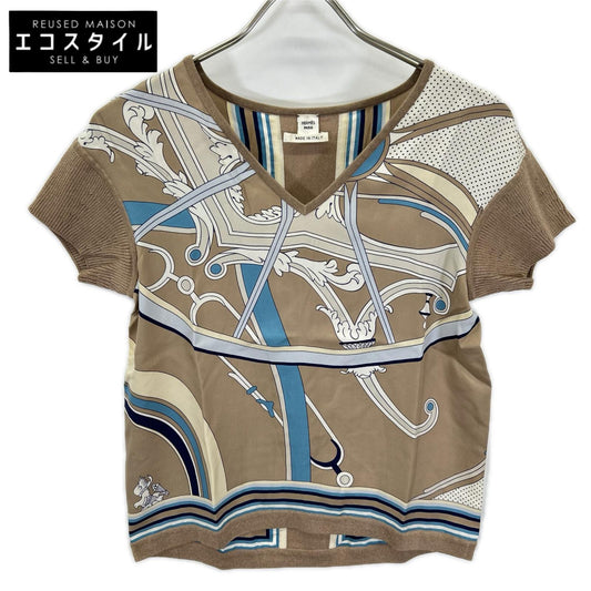 HERMES エルメス 19SS シルクプリント ニット切替 Vネック トップス トップス