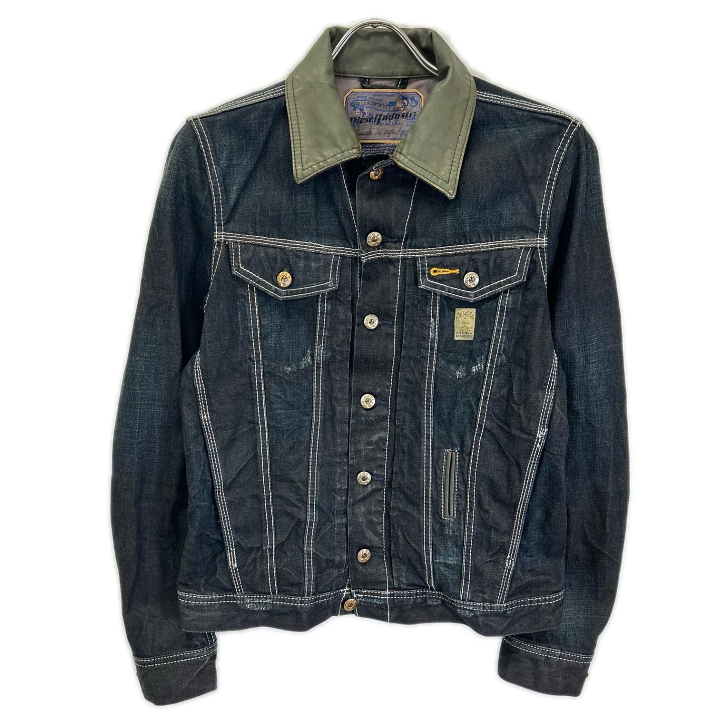 DIESEL ディーゼル インディゴ×カーキ レザーカラー ダメージ加工 デニムジャケット ジャケット