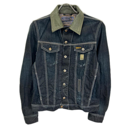 DIESEL ディーゼル インディゴ×カーキ レザーカラー ダメージ加工 デニムジャケット ジャケット