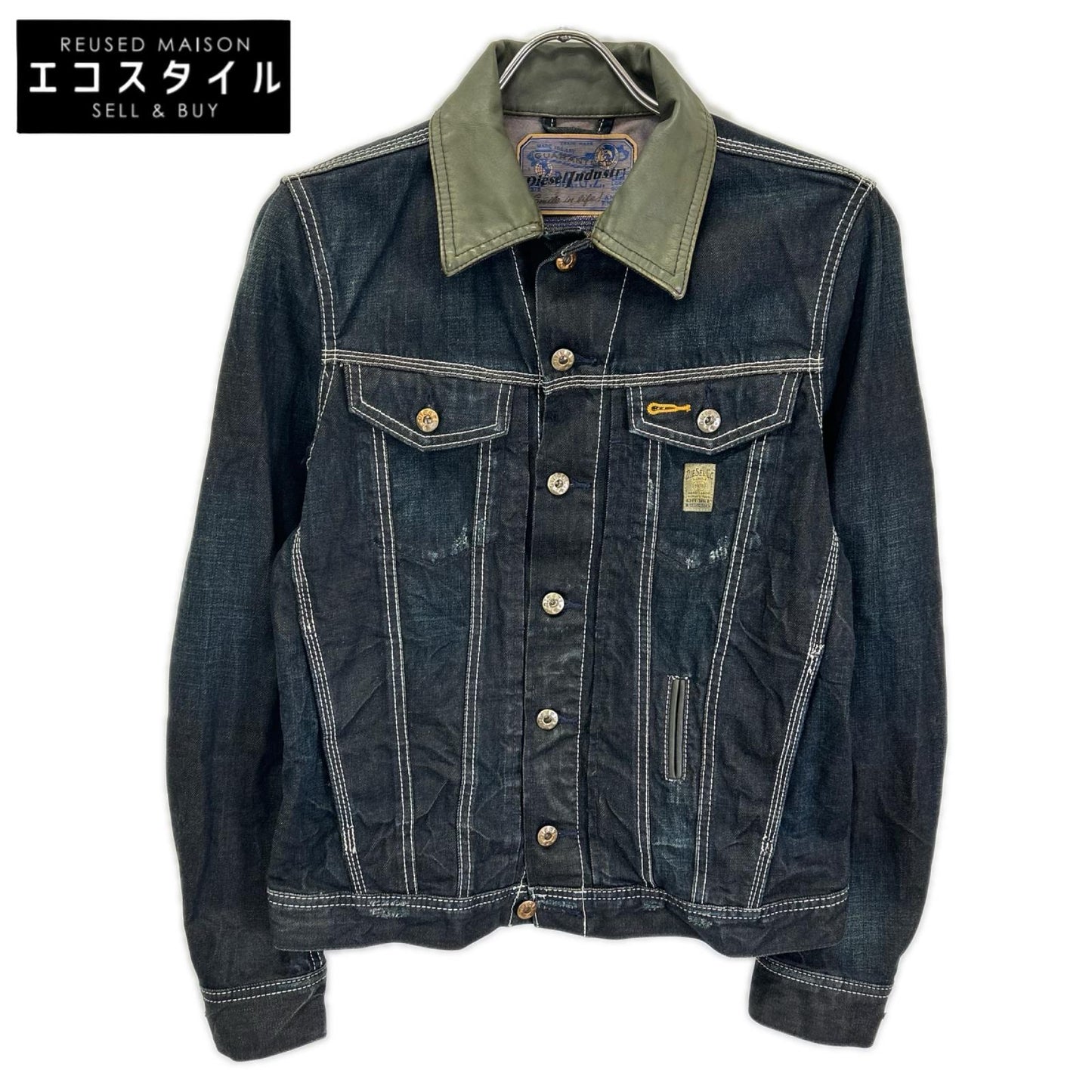 DIESEL ディーゼル インディゴ×カーキ レザーカラー ダメージ加工 デニムジャケット ジャケット