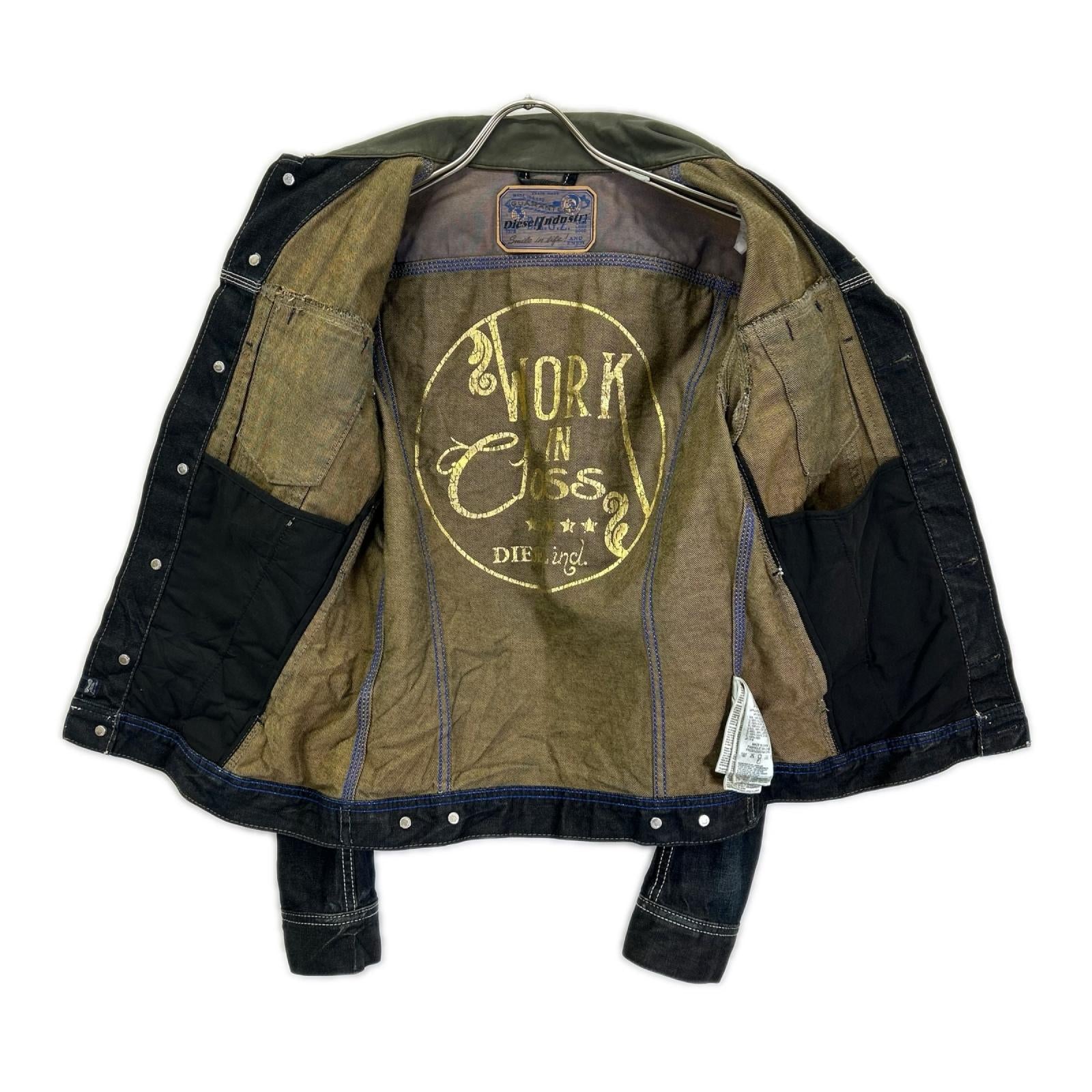 DIESEL ディーゼル インディゴ×カーキ レザーカラー ダメージ加工 デニムジャケット ジャケット