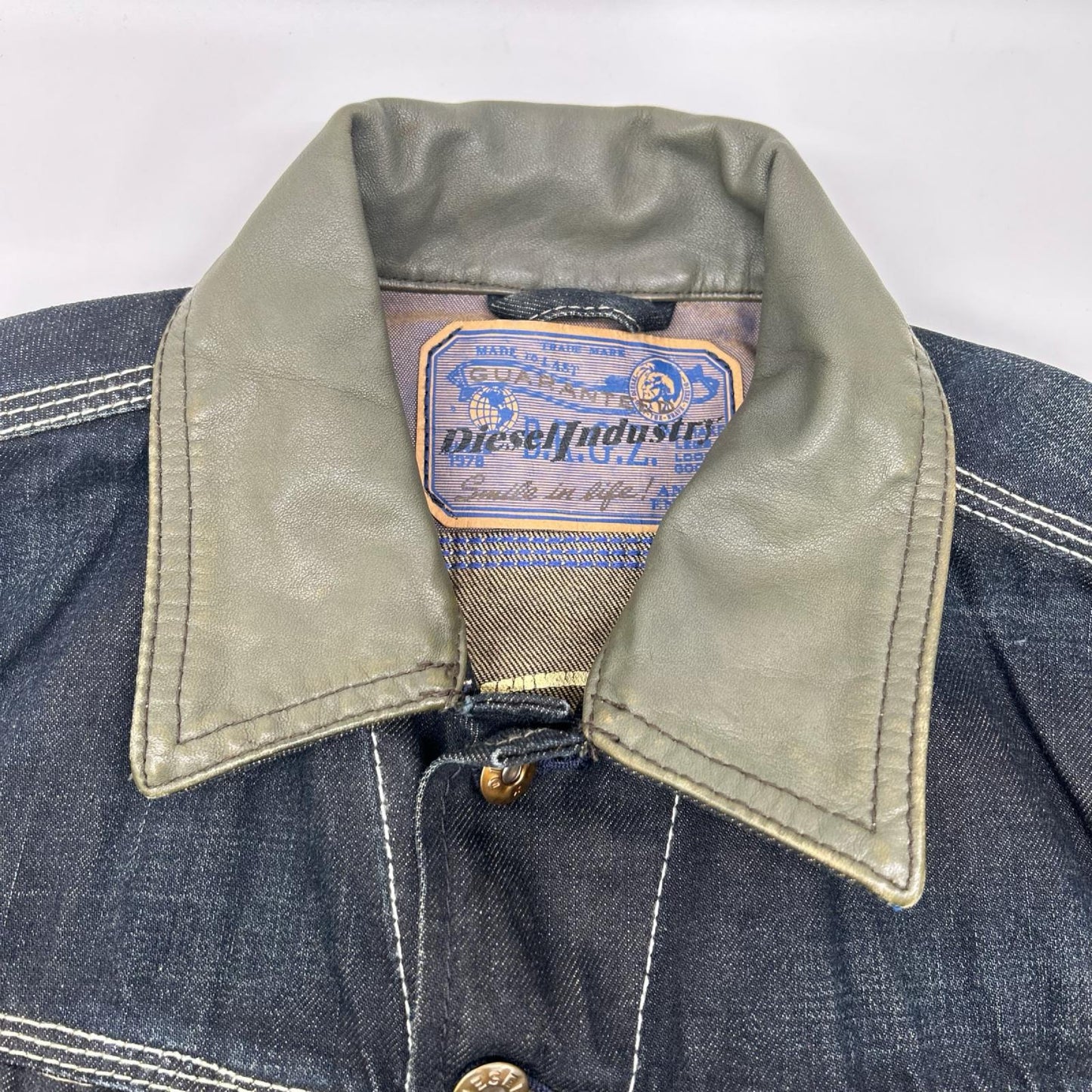 DIESEL ディーゼル インディゴ×カーキ レザーカラー ダメージ加工 デニムジャケット ジャケット