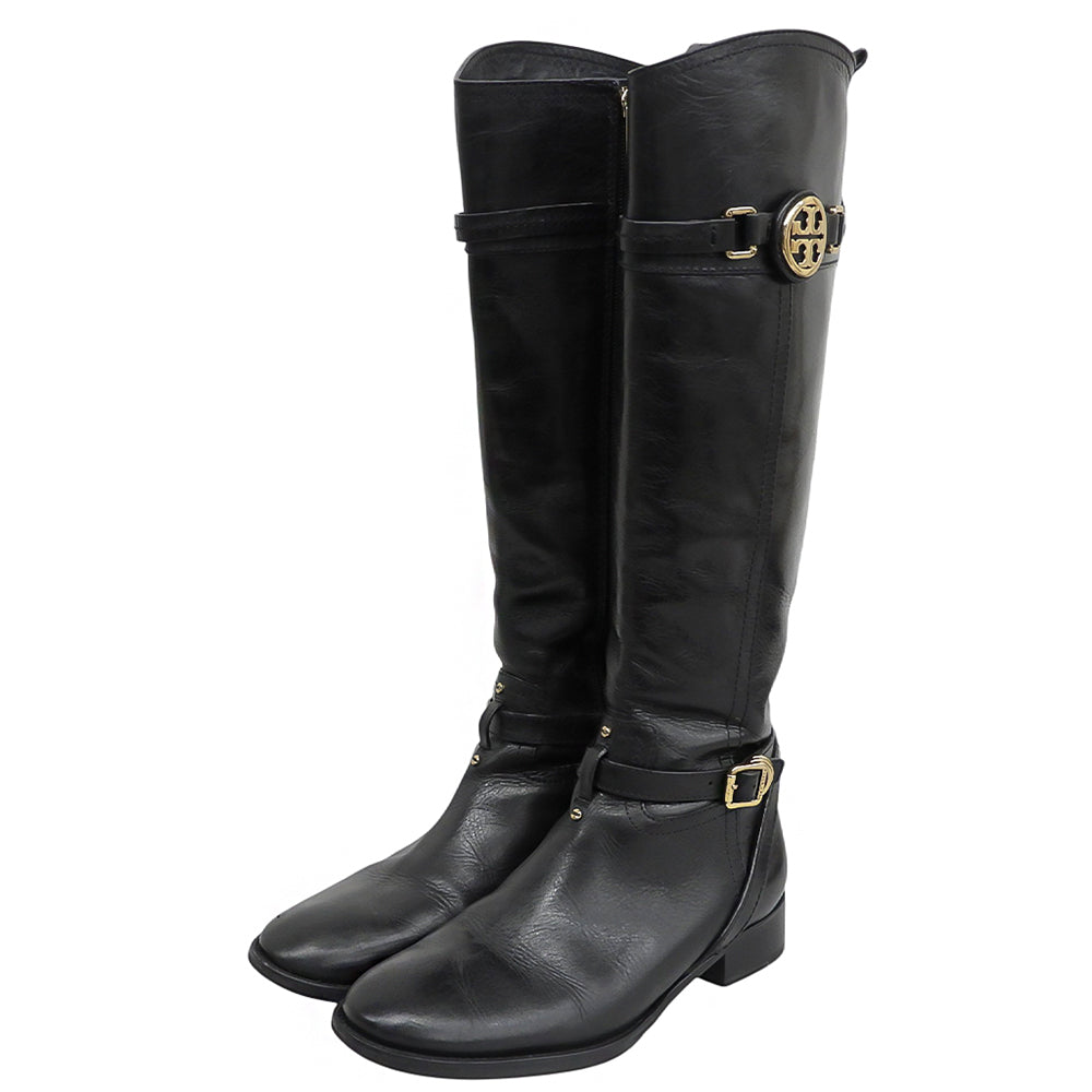 Tory Burch トリーバーチ 美品 ロゴ金具 サイドジップ ロングブーツ シューズ レディース ブラック 7 1/2 22128693 シューズ