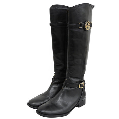 Tory Burch トリーバーチ 美品 ロゴ金具 サイドジップ ロングブーツ シューズ レディース ブラック 7 1/2 22128693 シューズ