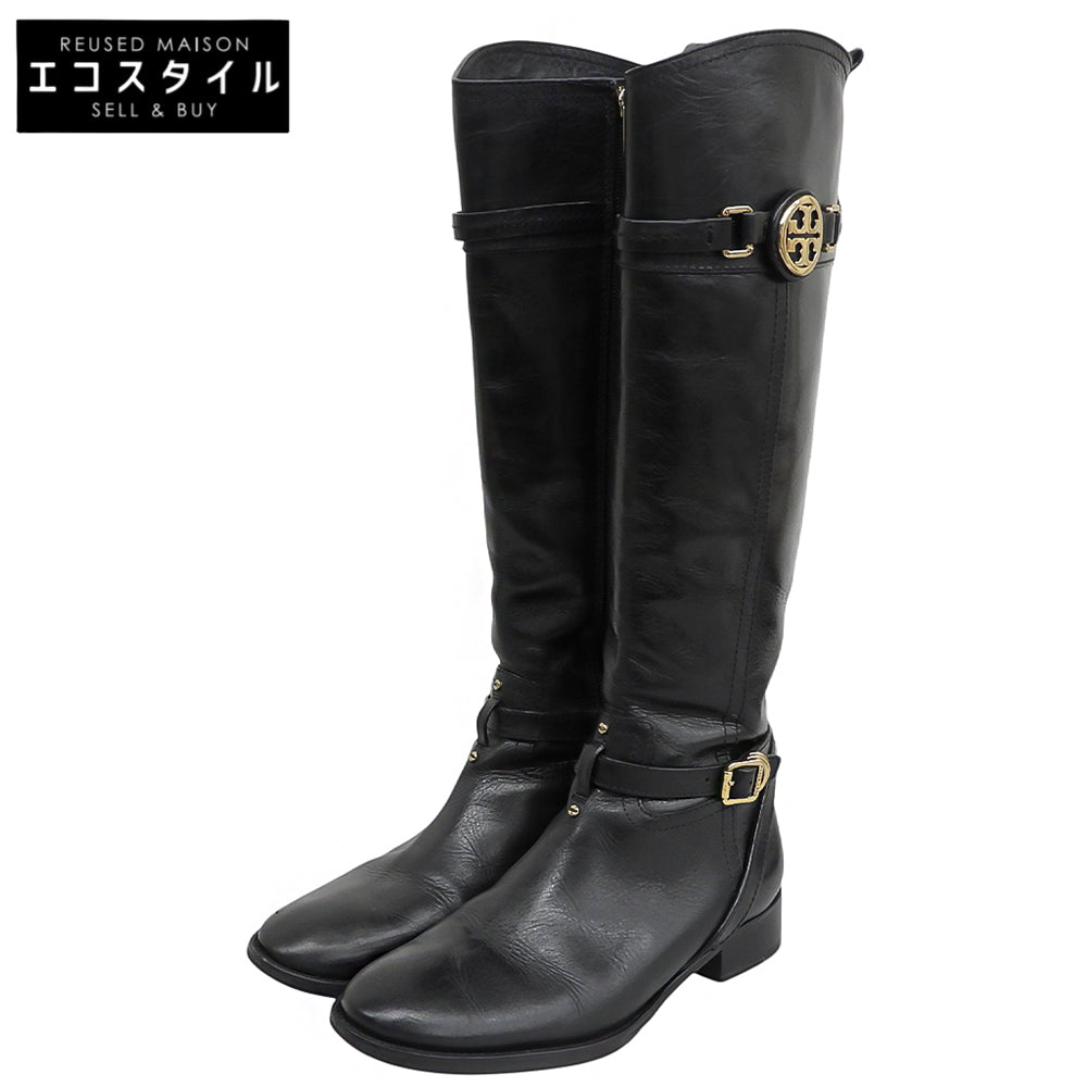 Tory Burch トリーバーチ 美品 ロゴ金具 サイドジップ ロングブーツ シューズ レディース ブラック 7 1/2 22128693 シューズ