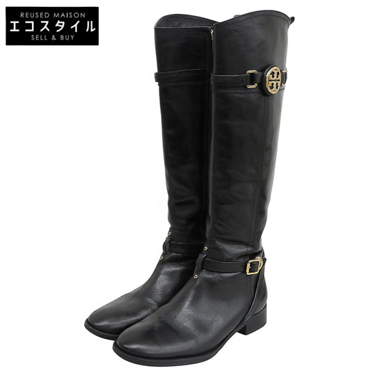 Tory Burch トリーバーチ 美品 ロゴ金具 サイドジップ ロングブーツ シューズ レディース ブラック 7 1/2 22128693 シューズ