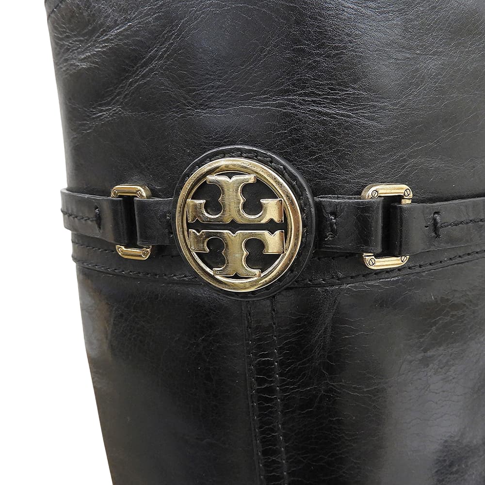 Tory Burch トリーバーチ 美品 ロゴ金具 サイドジップ ロングブーツ シューズ レディース ブラック 7 1/2 22128693 シューズ
