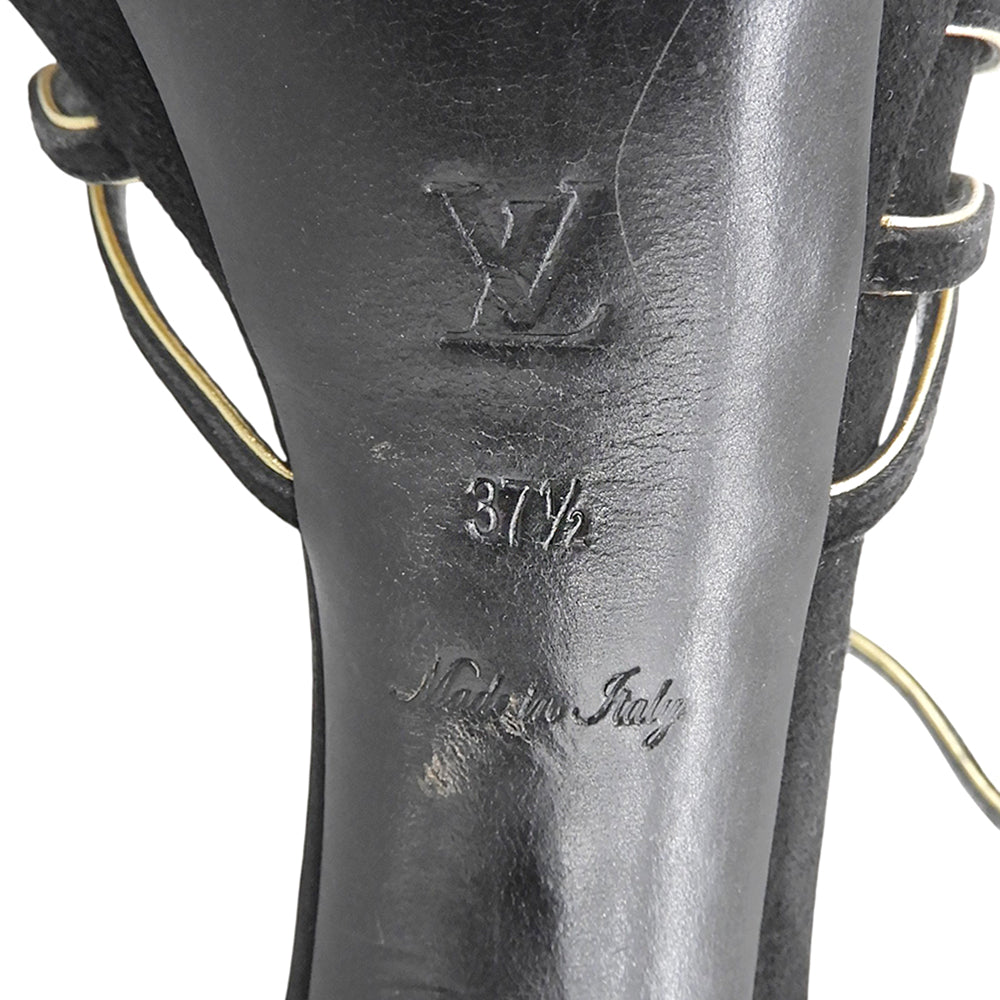 LOUIS VUITTON ルイヴィトン スエード アンクルストラップ サンダル シューズ レディース ブラック×ゴールド 37 1/2 ブラック/ゴールド シューズ