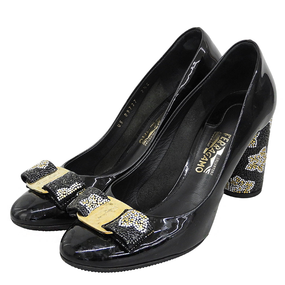 SalvatoreFerragamo サルバトーレフェラガモ パテントレザー モザイクビジュー ヴァラリボン パンプス シューズ ブラック 7 1/2C 09727 シューズ