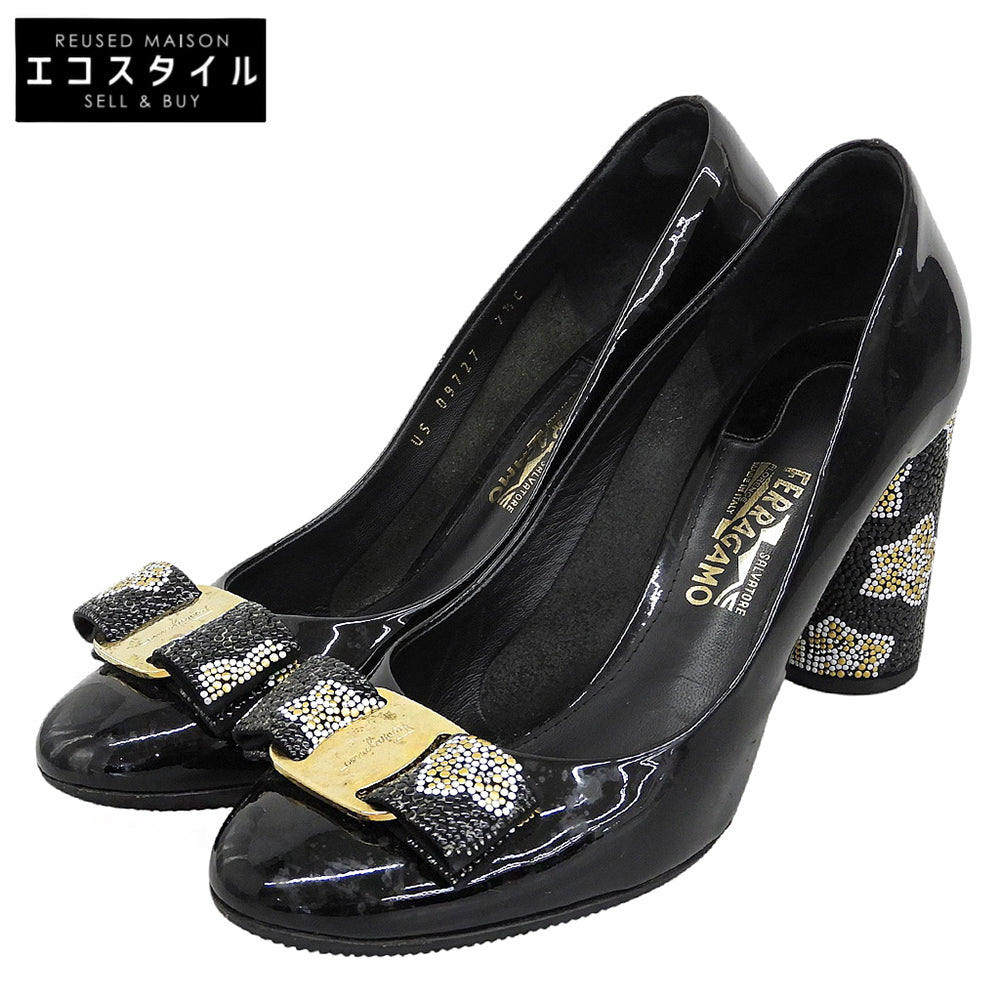 SalvatoreFerragamo サルバトーレフェラガモ パテントレザー モザイクビジュー ヴァラリボン パンプス シューズ ブラック 7 1/2C 09727 シューズ