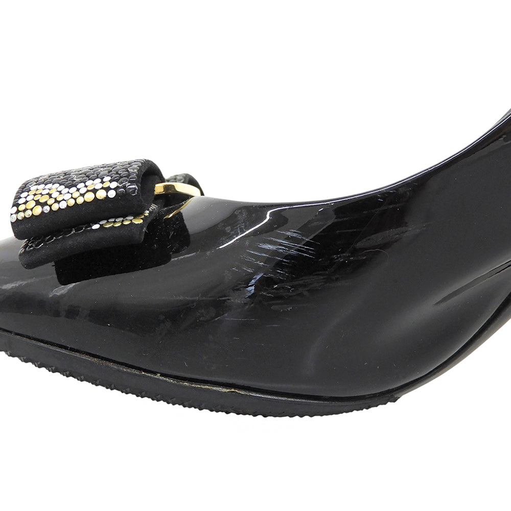 SalvatoreFerragamo サルバトーレフェラガモ パテントレザー モザイクビジュー ヴァラリボン パンプス シューズ ブラック 7 1/2C 09727 シューズ