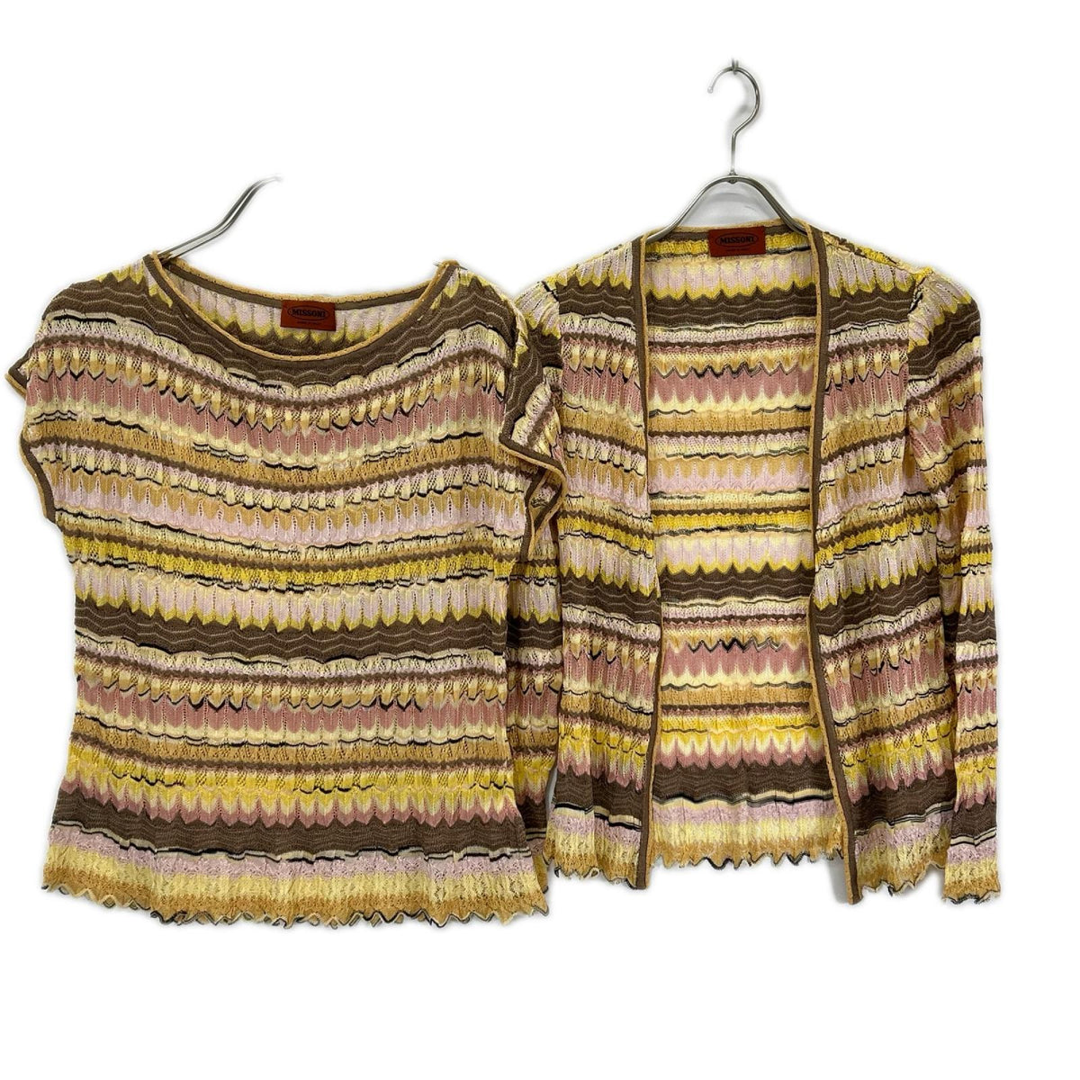 MISSONI ミッソーニ イエロー×ブラウン レーヨンシルク カットソー カーディガン アンサンブル トップス