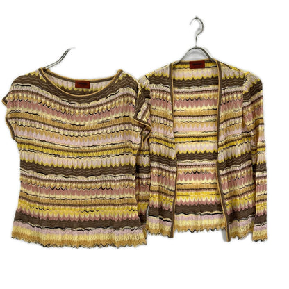 MISSONI ミッソーニ イエロー×ブラウン レーヨンシルク カットソー カーディガン アンサンブル トップス