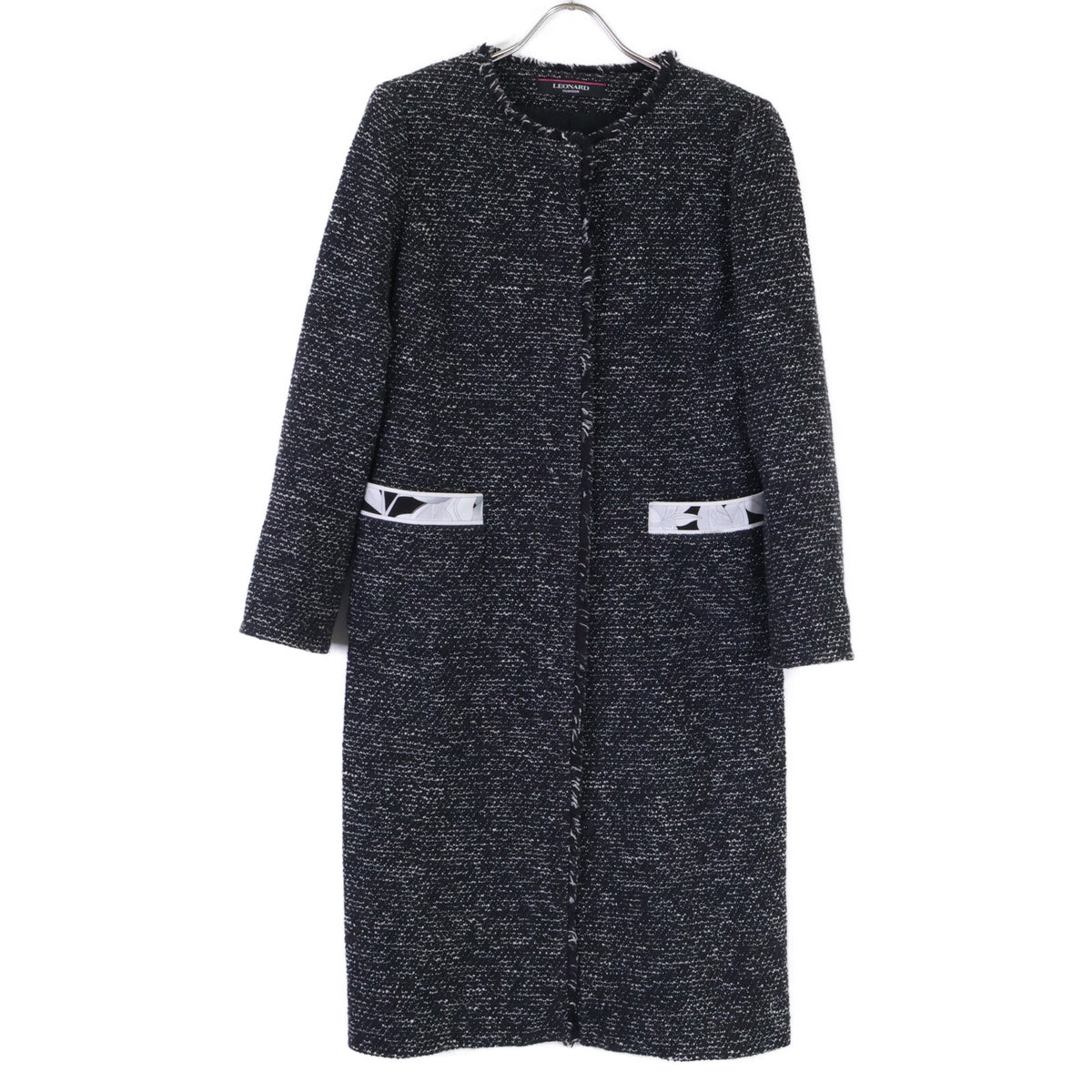 LEONARD レオナール FASHION 0378851 ツイード ノーカラー ロング コート