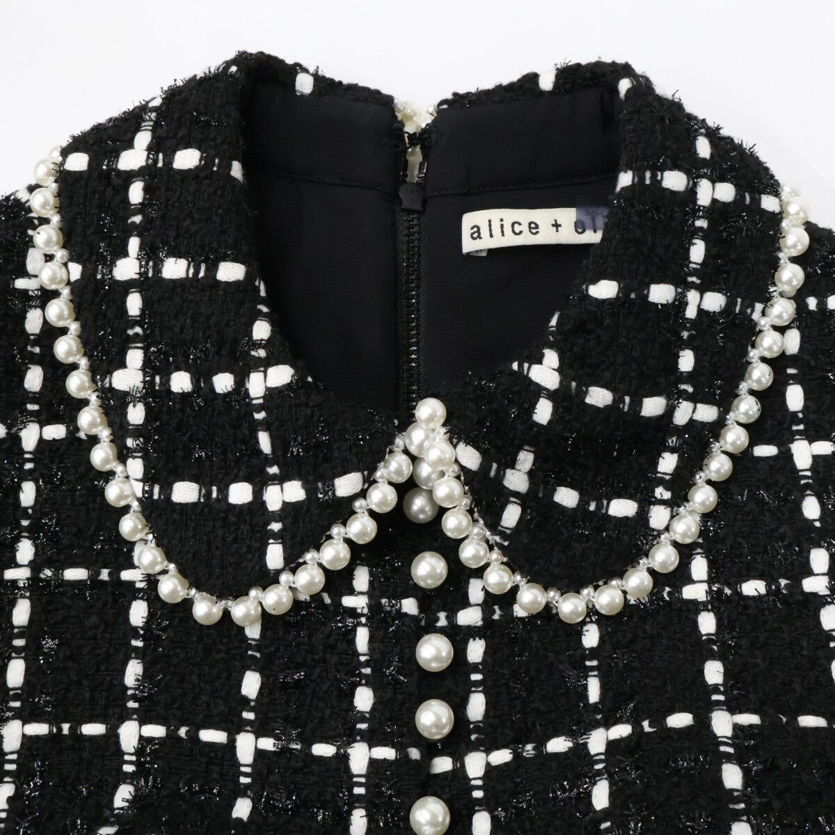 alice+olivia アリスオリビア CC210018529 ブラック チェック ビジュー ツイード ノースリーブ ワンピース ワンピース