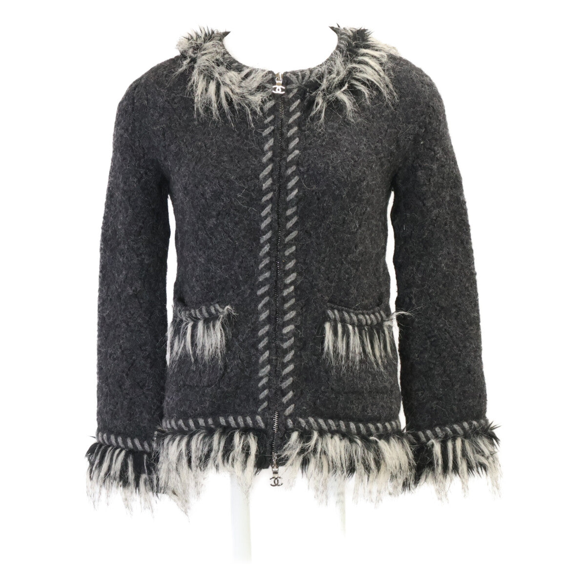 CHANEL シャネル 【美品/国内正規】P39892K02839 アルパカｘカシミヤ フリンジトリム ノーカラージャケット ジャケット