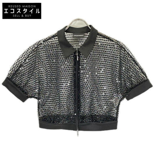 EMPORIO ARMANI Black Sequin Tulle Zip-Up Jacket